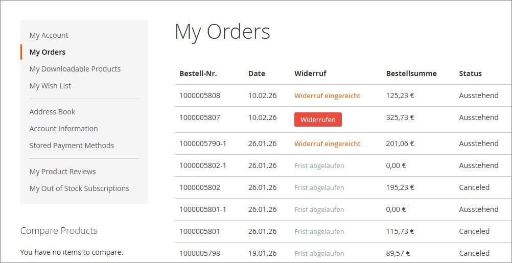 Widerrufsbutton in der Bestellübersicht Withdrawal button in the order overview
