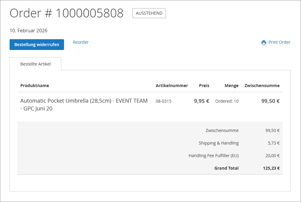 Bestellung widerrufen Withdraw an order