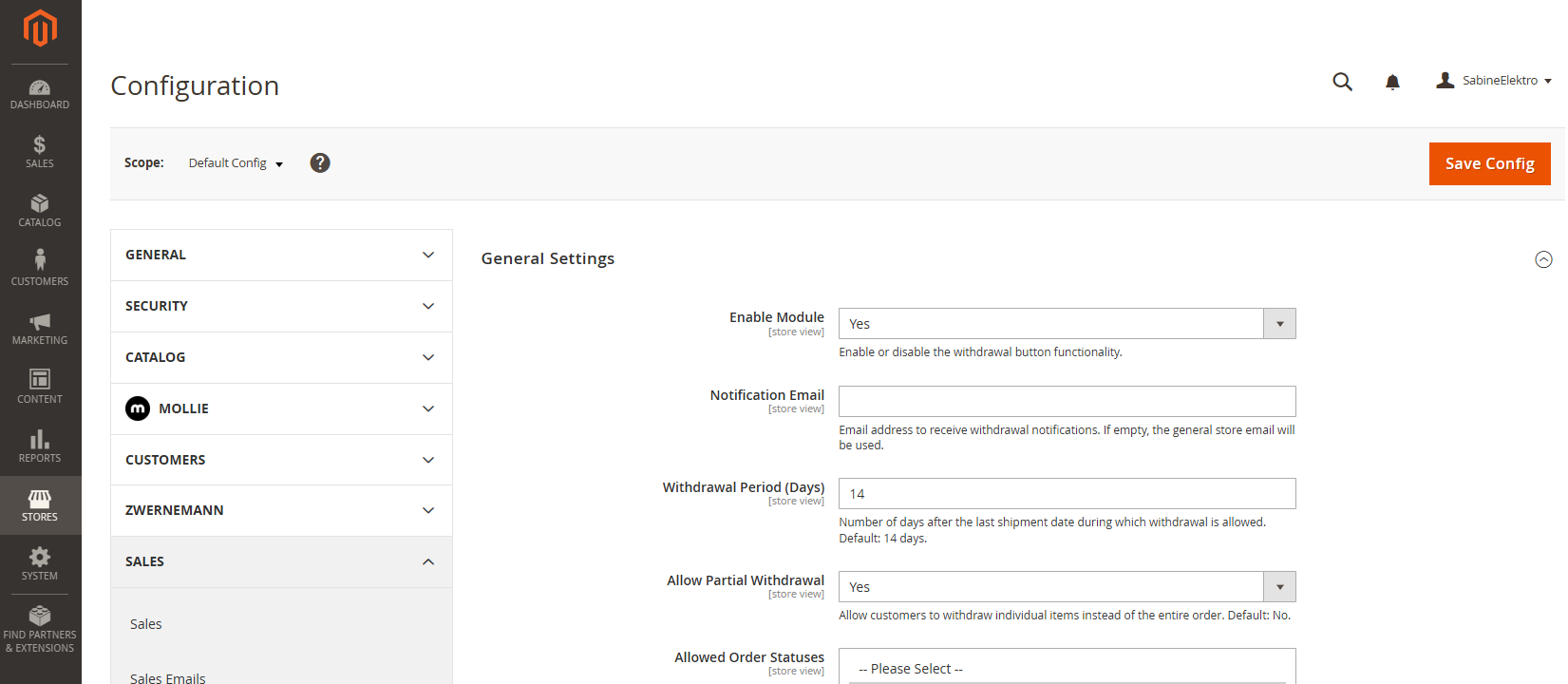 Magento Admin Panel Withdrawal settings Magento Admin Withdrawal settings